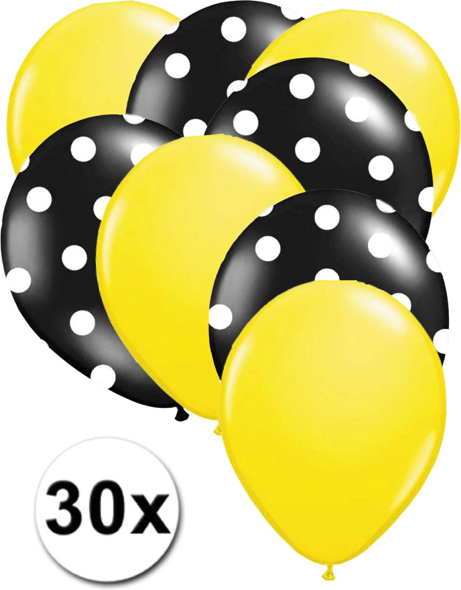 Ballonnen Geel & Dots Zwart/Wit 30 stuks 27 cm